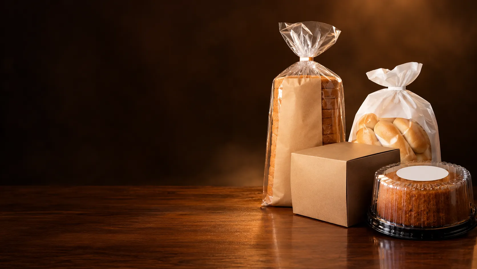 Pão de forma, caixa de panetone, bisnaguinha e bolo em embalagens lisas, prontas para a marca da sua rede