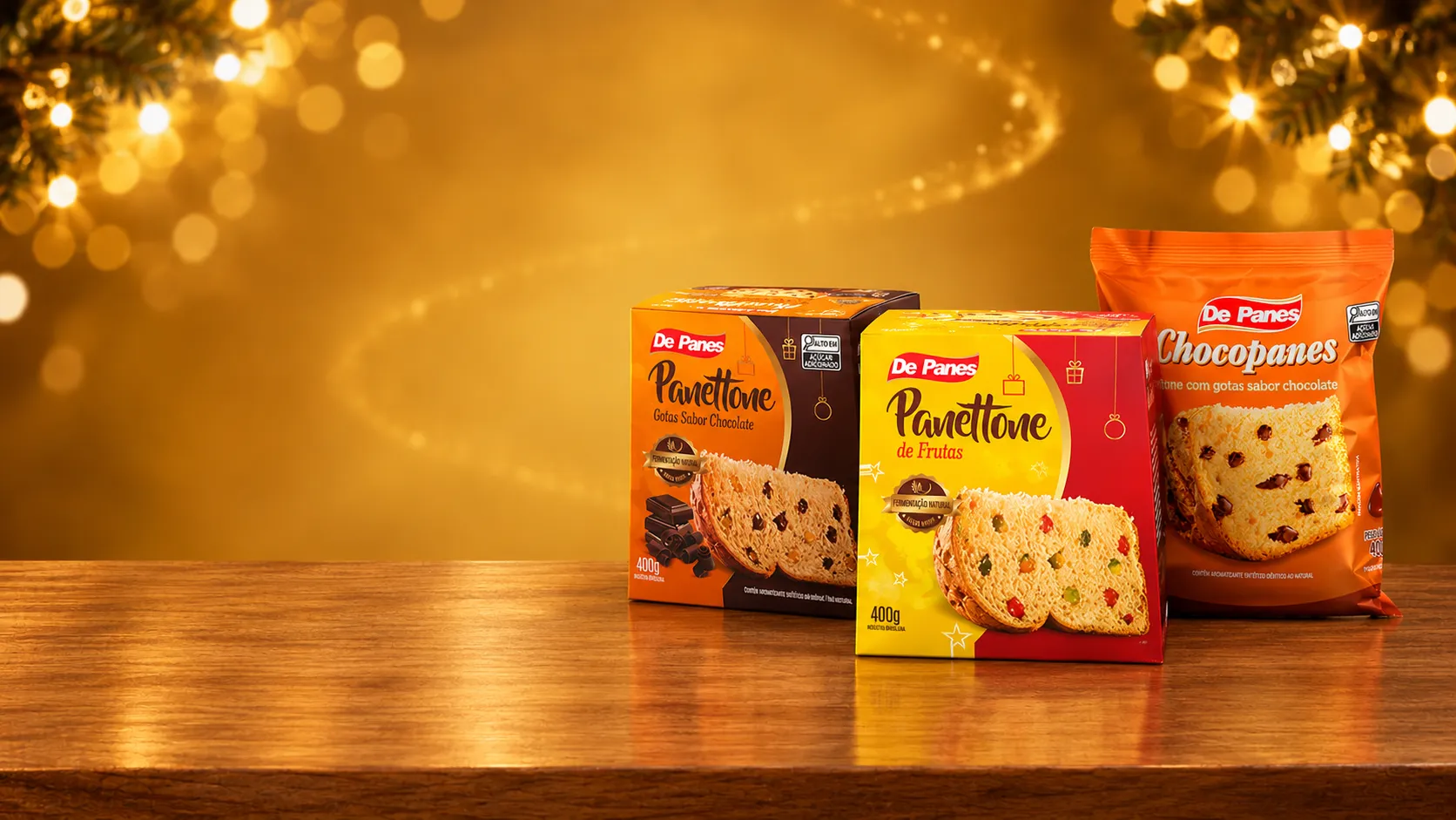 Caixas de Panettone Gotas Sabor Chocolate e Panettone de Frutas e saco de Chocopanes De Panes sobre mesa de madeira com luzes de Natal