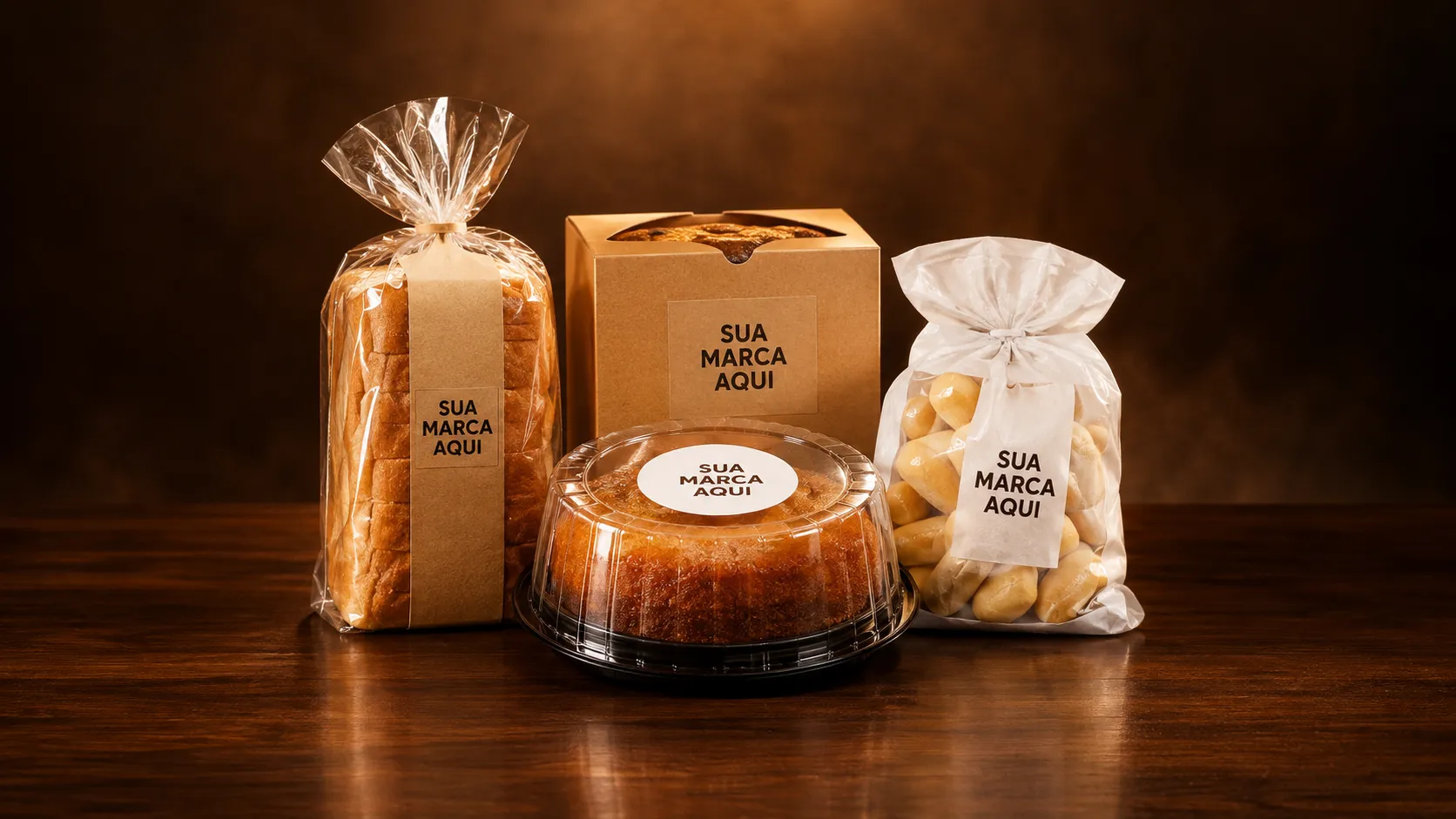 Pão de forma, caixa de panetone, bolo e bisnaguinhas com rótulos escritos Sua marca aqui